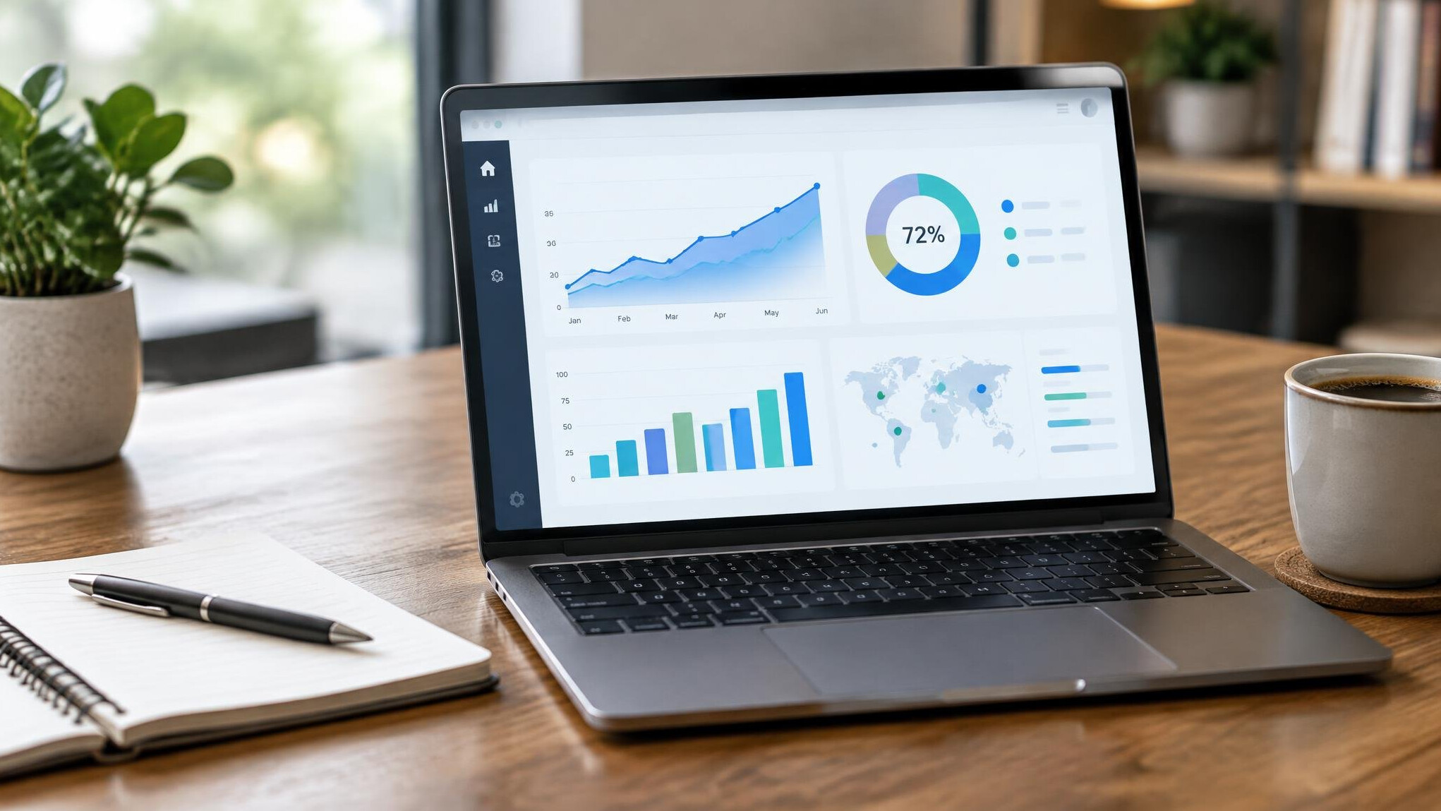 Laptop on a desk showing analytics dashboard with coffee cup